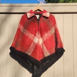 Vintage 1960s Hudson's Bay Red Plaid Shaggy Mohair Cape (O/S)